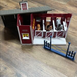 Breyer Red and White Toy Horse Stable Playset with Blue Jump